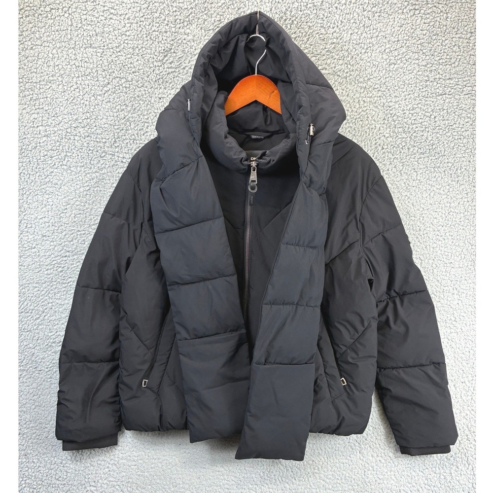 DKNY Pillow Collar Puffer Jacket Womens M Black Quilted Mid-Length Winter